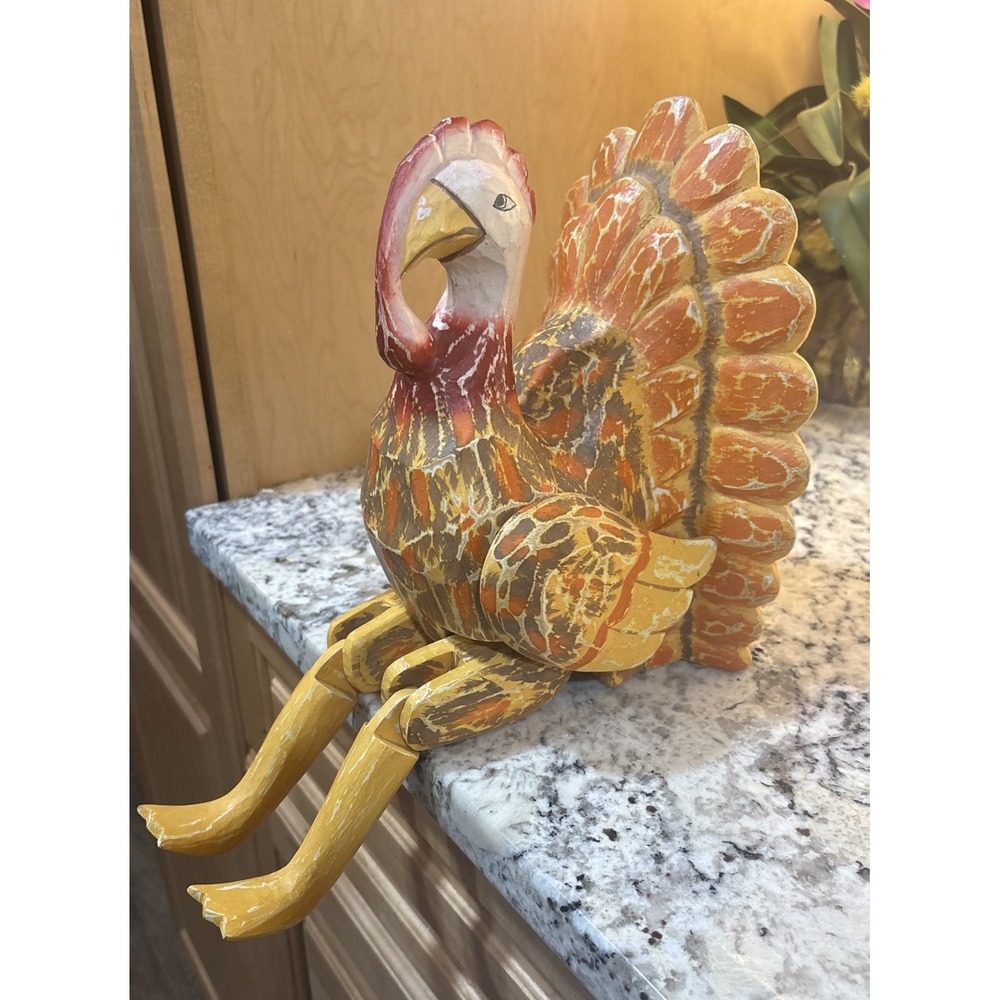 Articulated Pier 1 Folk Art Wood Turkey Figure Thanksgiving Jointed Self Sitter‎